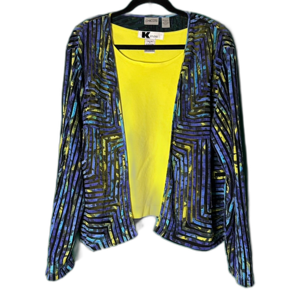 Two Piece Set Chico's Blue Black Yellow Jacket Sz3/XL & Yellow Tank Sz XL Artsy